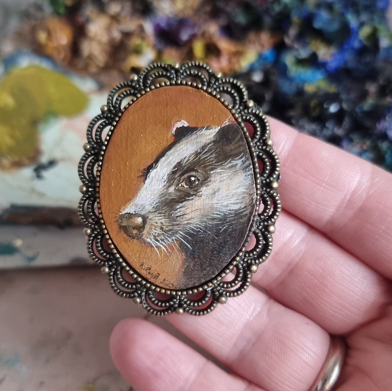 Badger tiny portrait original miniature, framed oil painting, artwork for dollhouse, collectible small painting, hand painted, wildlife art image 3