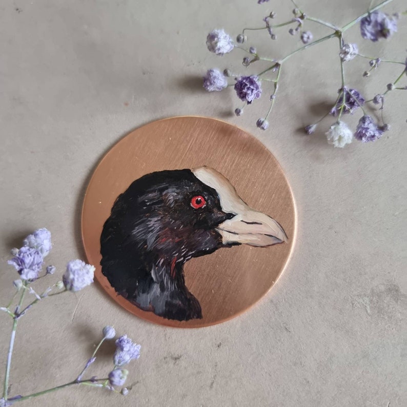 Bird Coot Portrait Original miniature on copper Round painting with gilded ash frame, Hand Painted bird for Parents Home Gifts, Wall Decor Copper 5cm/1.96 inches