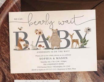 Boho Woodland Baby Shower Invitation Set Template, We Can Bearly Wait, Printable Thank You Card, Diaper Raffle, Books For Baby, Bear, Fox