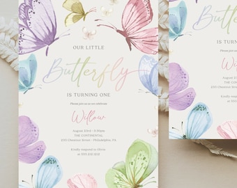 Boho Butterfly 1st Birthday Invite Girl, Colorful Butterflies, Our Little Butterfly, First Birthday Invitation Template, Girl Birthday