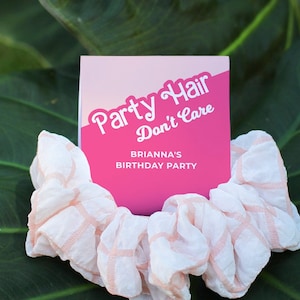Verjaardagsfeestje scrunchie labelsjabloon, verjaardagsgunsten, logeerpartijtje, haarscrunchies, afdrukbaar scrunchielabel, modepop, haarelastiekjes gunsten