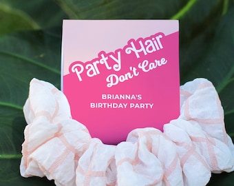 Modèle d'étiquette de chouchou de fête d'anniversaire, Cadeaux d'anniversaire, soirée pyjama, chouchous pour cheveux, étiquette de chouchou imprimable, poupée tendance, cadeaux d'élastiques