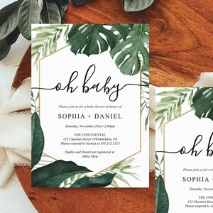 May include: Two tropical-themed baby shower invitations with gold accents. The invitations feature the text "Oh Baby" and the names "Sophia + Daniel".