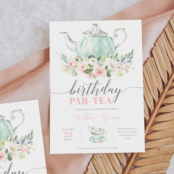 Birthday Par-Tea, Tea Party Invitation Template, High Tea Party Invite, Printable Girl Birthday Party Invite, Birthday Lunch, Tea Birthday