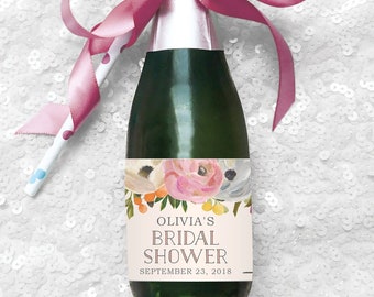 Bridal Shower Mini Champagne Bottle Template - Bridal Shower Favor Sticker - Bridal Shower Label - Wine Label - Editable PDF - Sweet Blooms