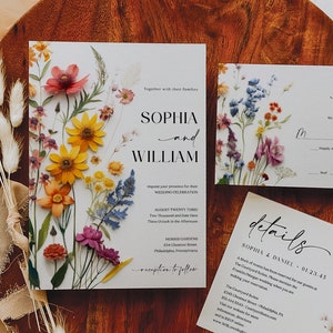 Plantilla de invitación de boda con flores silvestres, conjunto de invitación de boda imprimible, boda bohemia, tarjeta RSVP, tarjeta de detalles, flores prensadas, floral