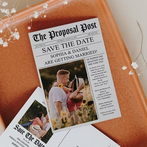 新聞の Save the Date ポストカード テンプレート、印刷可能な Save The Date、ミニマルな Save The Date、ユニークな Save The Date、ダウンロード、結婚式の日付