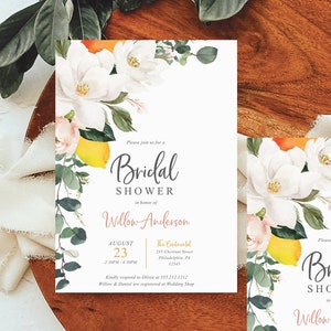 Magnolia Citrus Bridal Shower Invitation, Bridal Shower Invite, Editable Printable Invite, Download, Lemon Bridal Shower, Orange, Magnolia
