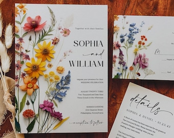 Wildflower Wedding Invitations Template, Printable Wedding Invitation Set, Boho Wedding, RSVP Card, Details Card, Pressed Flowers, Floral