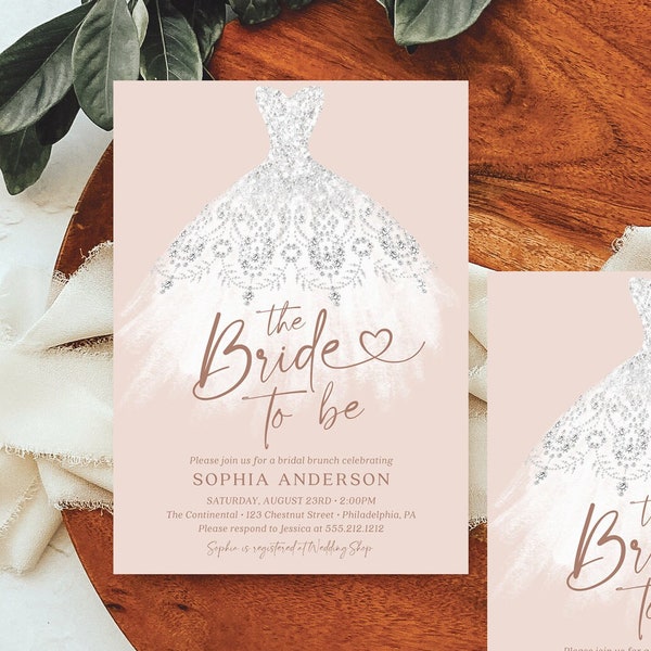 Bridal Shower InvitationTemplate, Bridal Dress, Bridal Brunch Invite, Editable Printable, Download, Bride To Be, Here Comes The Bride, Heart