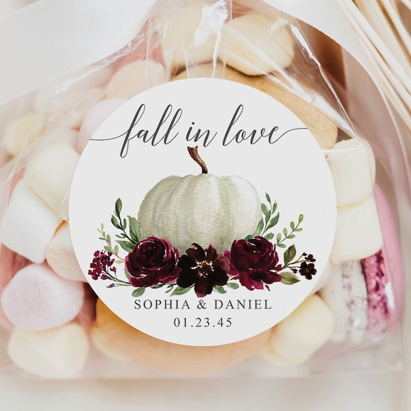 Fall In Love Round Favor Stickers or Tags, Favors, Printable, Wedding Favor Ideas, Bridal Shower Favors, Fall Favors, Burgundy Pumpkin