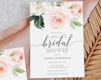 Bridal Shower Invitation, Floral Bridal Shower Invite, Editable Printable Invite, Download, Boho Bridal Shower, Blushing Blooms, Pink Peony