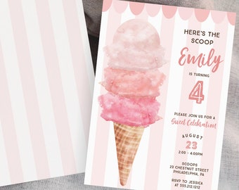 Ice Cream Birthday Party Invitation Template, Here's The Scoop, First Birthday Invitation, Printable, Editable Birthday Party Invite Girl