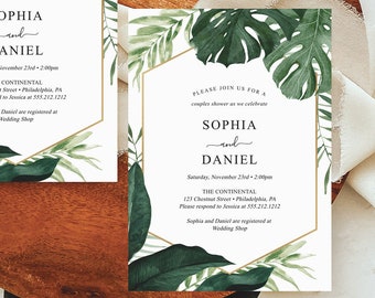 Tropical Couples Shower Invitation, Wedding Shower Invite, Editable Printable Invite, Instant Download, Tropical Monstera, Palm Leaves