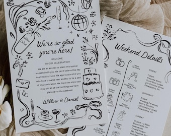 Hand Drawn Wedding Itinerary Template with Timeline, Printable Wedding Welcome Bag Letter, Order of Event, Wedding Welcome Letter, Whimsical