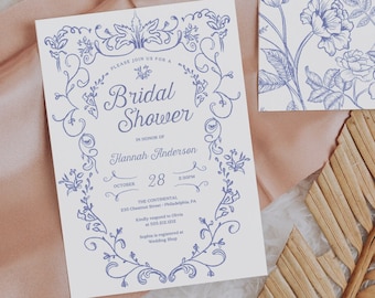 Something Blue Bridal Shower InvitationTemplate, Blue Porcelain, Botanical Bridal Shower, Chinoiserie, French Bridal Shower, Italian Bridal