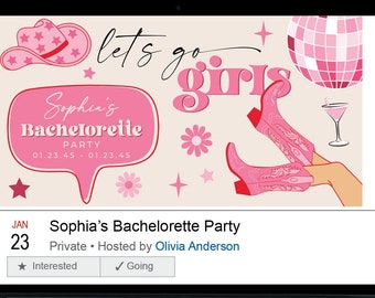 May include: A computer screen displaying a Facebook event invitation for a bachelorette party. The event is called "Sophia's Bachelorette Party" and is hosted by Olivia Anderson. The event is private and has a pink and white color scheme with a cowboy hat, boots, and a disco ball.