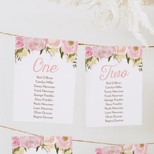 Bruiloft zitplaatsen grafieksjabloon, DIY afdrukbare bruiloft tafelschikking, roze pioen, hangende zitplaatsen tabel, afdrukbare brief & A4