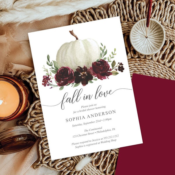 Fall Bridal Shower Invitation Template, Printable Burgundy Pumpkin, Fall In Love, Editable, Invite, Instant Download, White Pumpkin, Floral