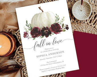 Fall Bridal Shower Invitation Template, Printable Burgundy Pumpkin, Fall In Love, Editable, Invite, Instant Download, White Pumpkin, Floral