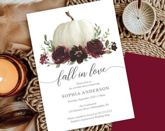 Fall Bridal Shower Invitation Template, Printable Burgundy Pumpkin, Fall In Love, Editable, Invite, Instant Download, White Pumpkin, Floral