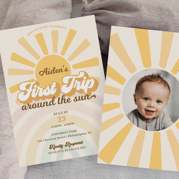 First Trip Around The Sun First Birthday Invitation Template, Sun Birthday, 1st Birthday Invite, Boho Sun, Printable Invitation, Here Comes
