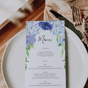 Cardápio Vintage Blue Hydrangea, Cardápio de Casamento, Cardápio de Casamento Editável, Rústico, Cardápio de Chá de Bebê, Cardápio 4x9, Cardápio de Chá de Bebê, Cardápio para Imprimir