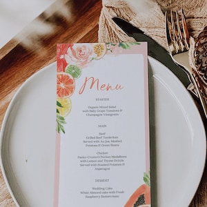 Modèle de menu Agrumes tropicaux, Menu imprimable, Menu modifiable, Menu nuptiale de douche, Menu, Menu baby shower, Dîner d'anniversaire, Agrumes, Citron