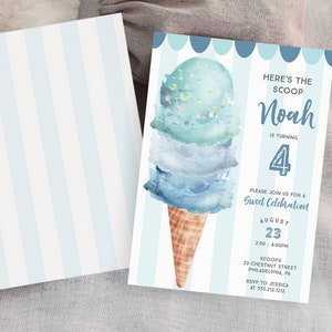 Ice Cream Birthday Party Invitation Template, Here&#39;s The Scoop, First Birthday Invitation, Printable, Editable Birthday Party Invite Boy