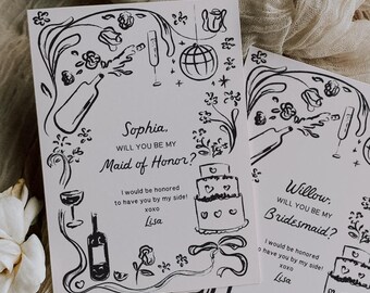 Maid of Honor Proposal Card Template, Will You Be My Bridesmaid, Hand Drawn Bridesmaid Card, Bridesmaid Gifts, Wedding, Personalized, Card
