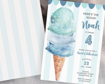 Ice Cream Birthday Party Invitation Template, Here's The Scoop, First Birthday Invitation, Printable, Editable Birthday Party Invite Boy