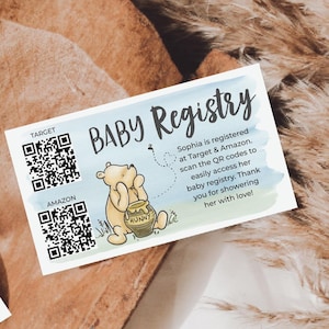 Modèle de carte de registre pour baby shower Winnie l'ourson QR Code Cadeaux pour bébé Insert de carte pour baby shower ours Registre de baby shower ourson et porcelet