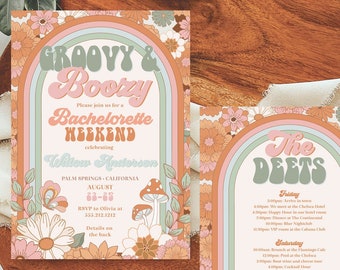 Groovy & Boozy Bachelorette Weekend Invitation And Itinerary Groovy Rainbow Daisy 70s Hippie Bachelorette Invite Instant Download Retro