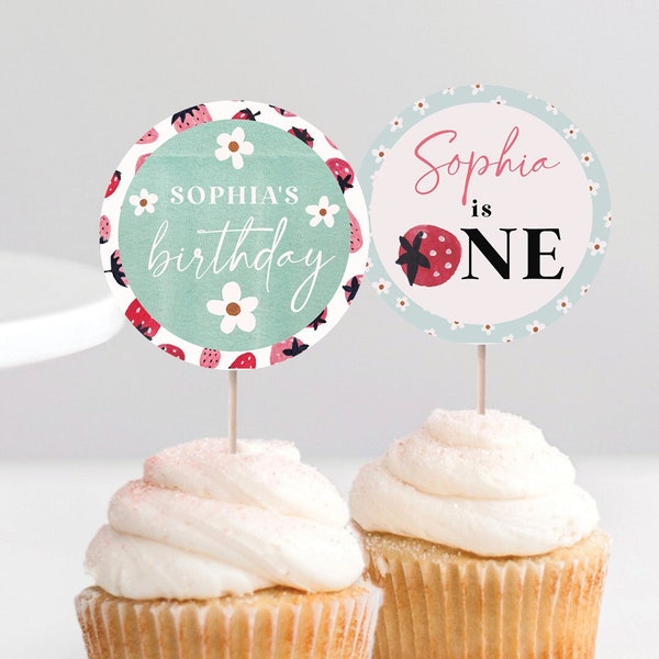 Berry Sweet Strawberry Cupcake Toppers, Berry First Birthday, 1st Birthday Cupcake, Editable Strawberry Party Decorations, Instant Download