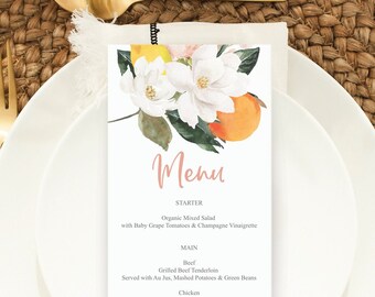 Magnolia Citrus Wedding Menu Printable Template, Wedding Menu, Bridal Shower Menu, Lemon Menu, Citrus Menu, Wedding Menu Lemon, Orange