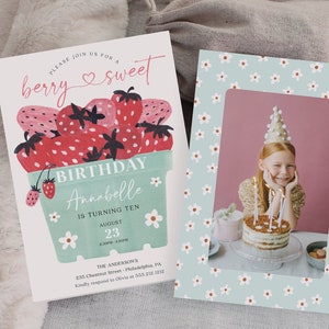 Berry Sweet Birthday Invite Template, Strawberry Birthday Invitation, Berry Birthday Party Invite, Printable Girl Birthday Party, Strawberry