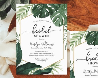 Tropical Bridal Shower Invitation, Bridal Shower Invites, Wedding Shower, Editable Printable Invite, Download, Palm, Tropical Monstera