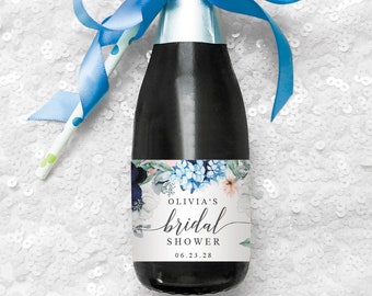 Bridal Shower Mini Champagne Bottle Labels, Bridal Shower Favors, Printable, Editable, Mini Champagne Favor, Template, Navy Blooms, Blue