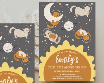 Space Kitty Birthday Invitation Template, Cat Birthday Invite, Paw-ty, Trip Around the Sun, Download Printable, Digital, Space Party, Boho