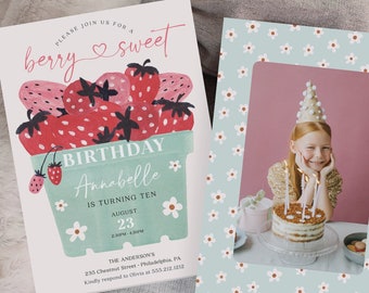 Berry Sweet Birthday Invite Template, Strawberry Birthday Invitation, Berry Birthday Party Invite, Printable Girl Birthday Party, Strawberry