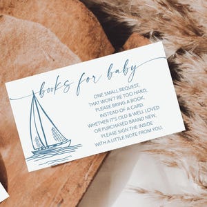 Ahoy, c'est un garçon Demande de livre pour baby shower au lieu d'une carte Livres à imprimer pour baby shower de bébé garçon voilier nautique