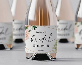 Bridal Shower Mini Champagne Bottle Labels, Bridal Shower Favors, Printable Mini Champagne Favor, Custom Label Template, Blush Hydrangea