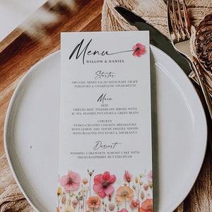 Menú de flores silvestres con tallos de flores, menú de bodas, menú de bodas editable, menú minimalista para despedida de soltera, menú, menú para despedida de soltera, menú imprimible, colorido