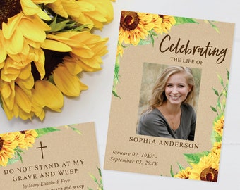 Prayer Card Template, In Loving Memory, Memorial Card, Celebration of Life, Funeral Poem Card, Download, Editable, Rustic Sunflowers