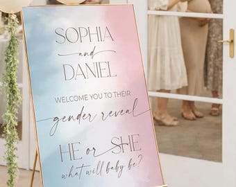 PRINTED & FREE SHIPPING Gender Reveal Welcome Sign | Personalized Pink or Blue Baby Shower Decor | He or She | Classic | Custom Sign