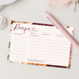 Fall Bridal Shower Recipe Card Printable Template Boho Bridal Shower Printable Recipe Card 4x6 Recipe Card Boho Harvest Pumpkin Fall Flowers
