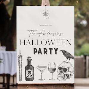 Plantilla de cartel de bienvenida para fiesta de Halloween vintage, bienvenida a fiesta de cumpleaños de Halloween, imprimible, descarga instantánea, fiesta de disfraces, Halloween para adultos