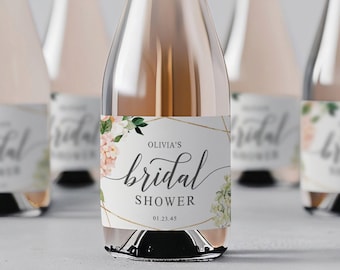 Bridal Shower Mini Champagne Bottle Labels, Bridal Shower Favors, Printable Mini Champagne Favor, Custom Label Template, Blush Hydrangea