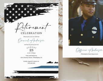 Police Officer Retirement Invitation Template, Retirement Invitation Printable Download, Thin Blue Line Flag, Police Retirement Party Invite