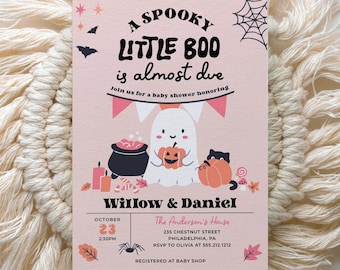 May include: A pink baby shower invitation with a Halloween theme. The text reads "A Spooky Little Boo is almost due." The design includes a ghost, pumpkins, and a black cat. The date and time are October 23, 2:30 PM.